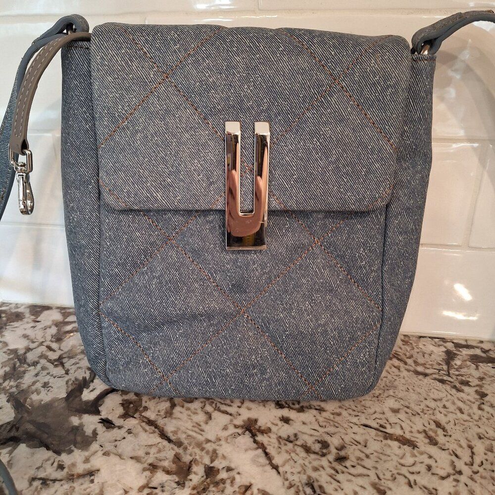 Vince Camuto Doty Quilted Leather Washed Denim Crossbody
